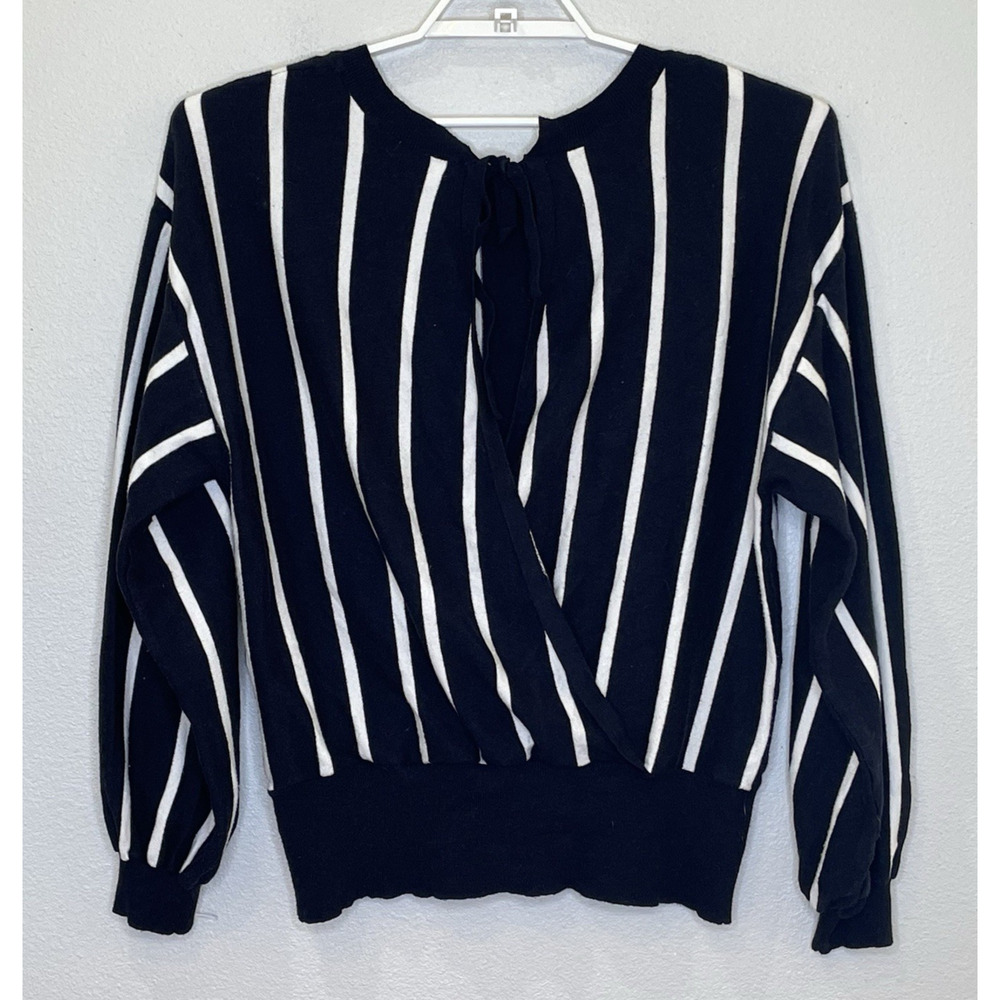 Umgee Tie Cross Back Sweater Womens Size Large Navy Blue White Horizontal Stripe - Picture 4 of 8